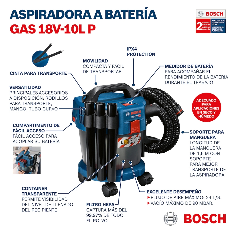 Bosch - Aspirador Pó e Água 10L 18V Sem Bateria