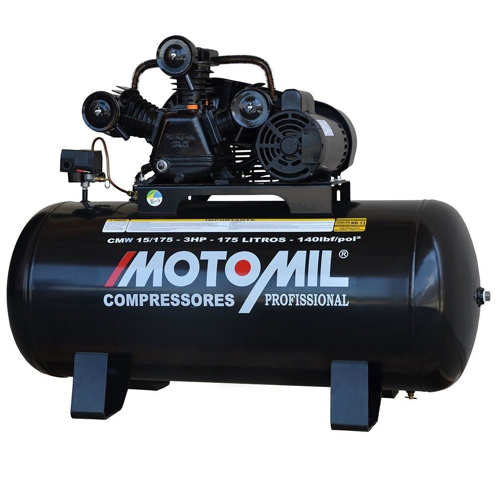 Compressor 15 pés 175L 140 PSI 3 CV Monofásico 110/220V Motomil CMW-15/175