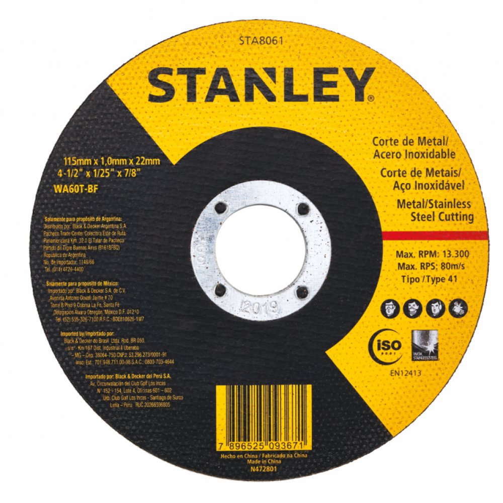 Disco de Corte Stanley para Aço Inox de 4.1/2 Pol. - STA8061