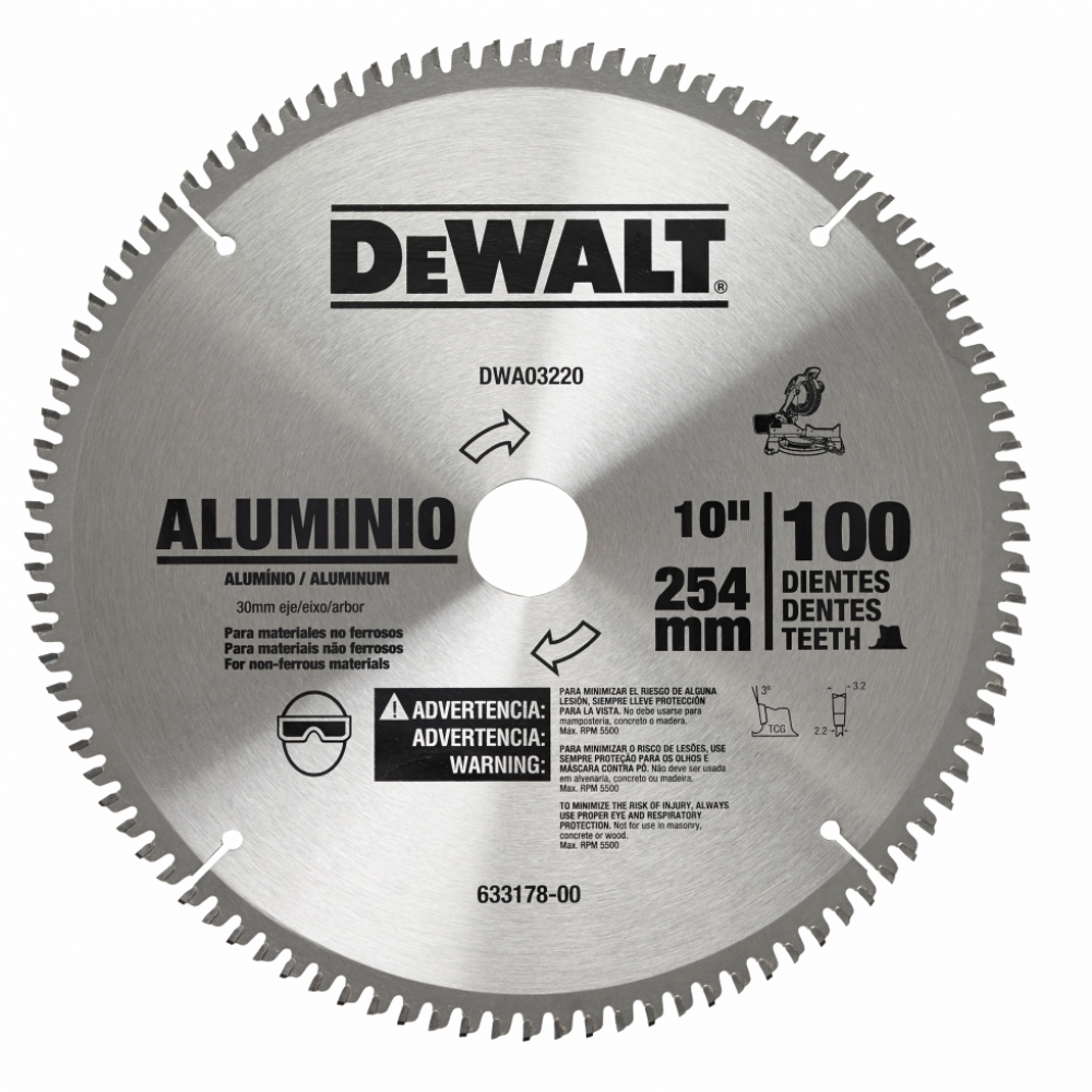 Lâmina de Serra Esquadria e Circular DeWalt DWA03220 Corte em Alumínio/Madeira 10" Com 100 Dentes