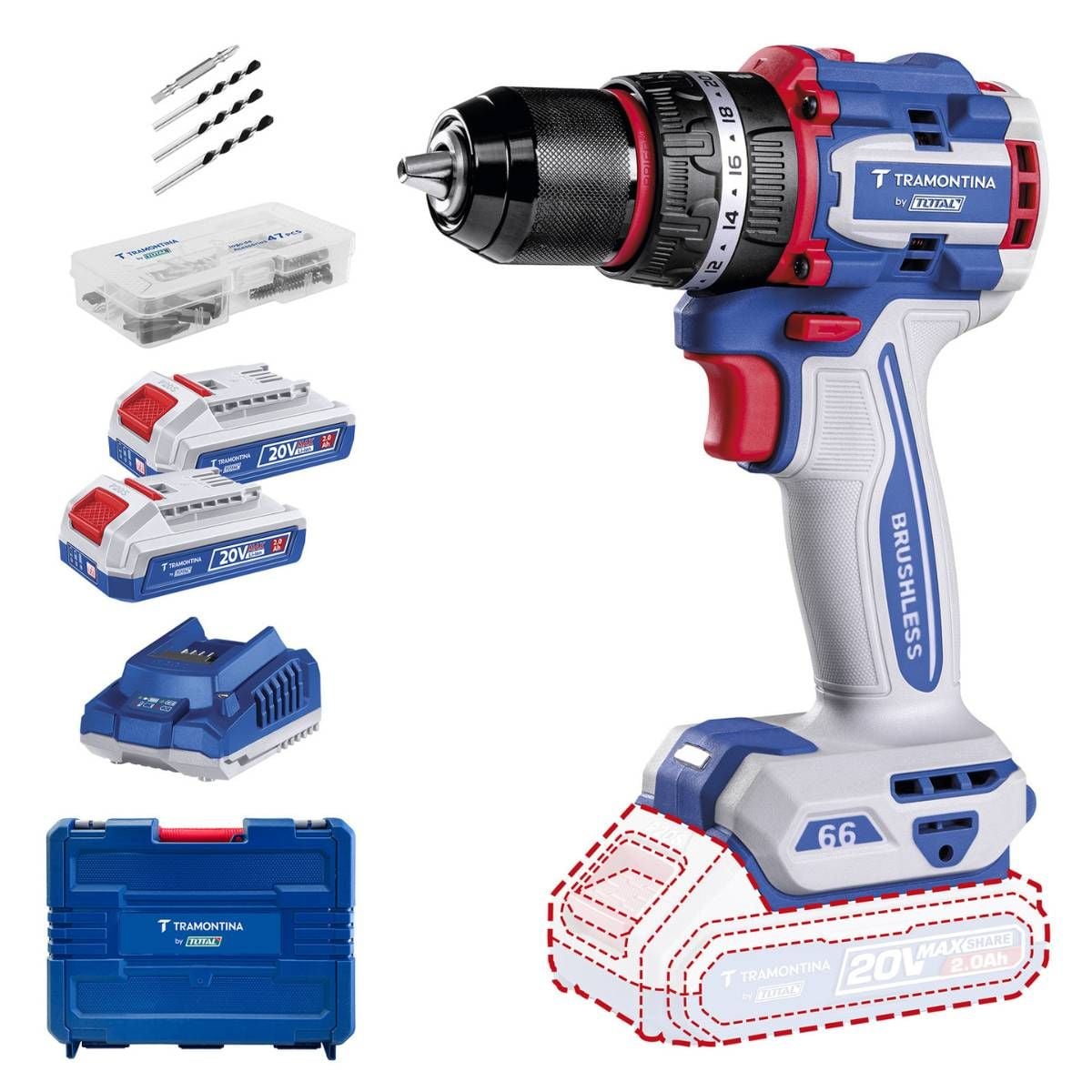 Imagem do produto Parafusadeira E Furadeira De Impacto Tramontina By Total 2 Baterias 2Ah