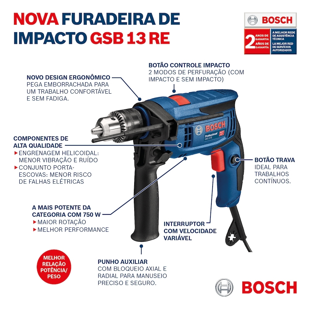 Furadeira Impacto Bosch GSB13RE 1/2" 750W 220V Com 23 Acessórios