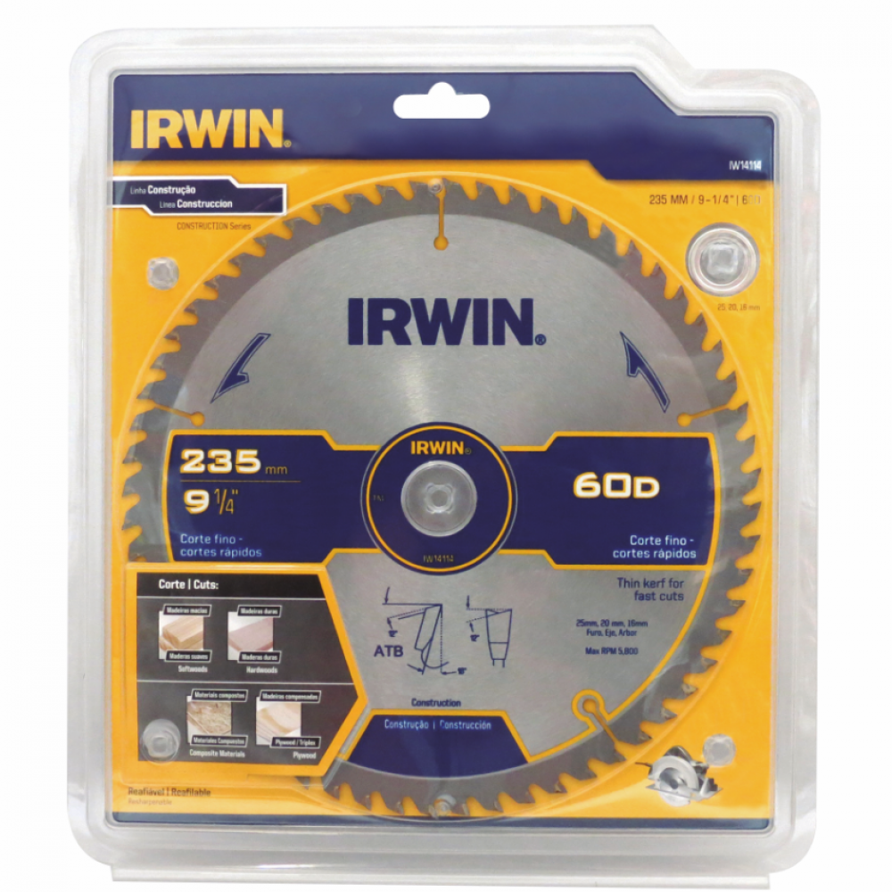 Lâmina Para Serra Circular Irwin IW14114 9.1/4" 60 Dentes Furo 25mm