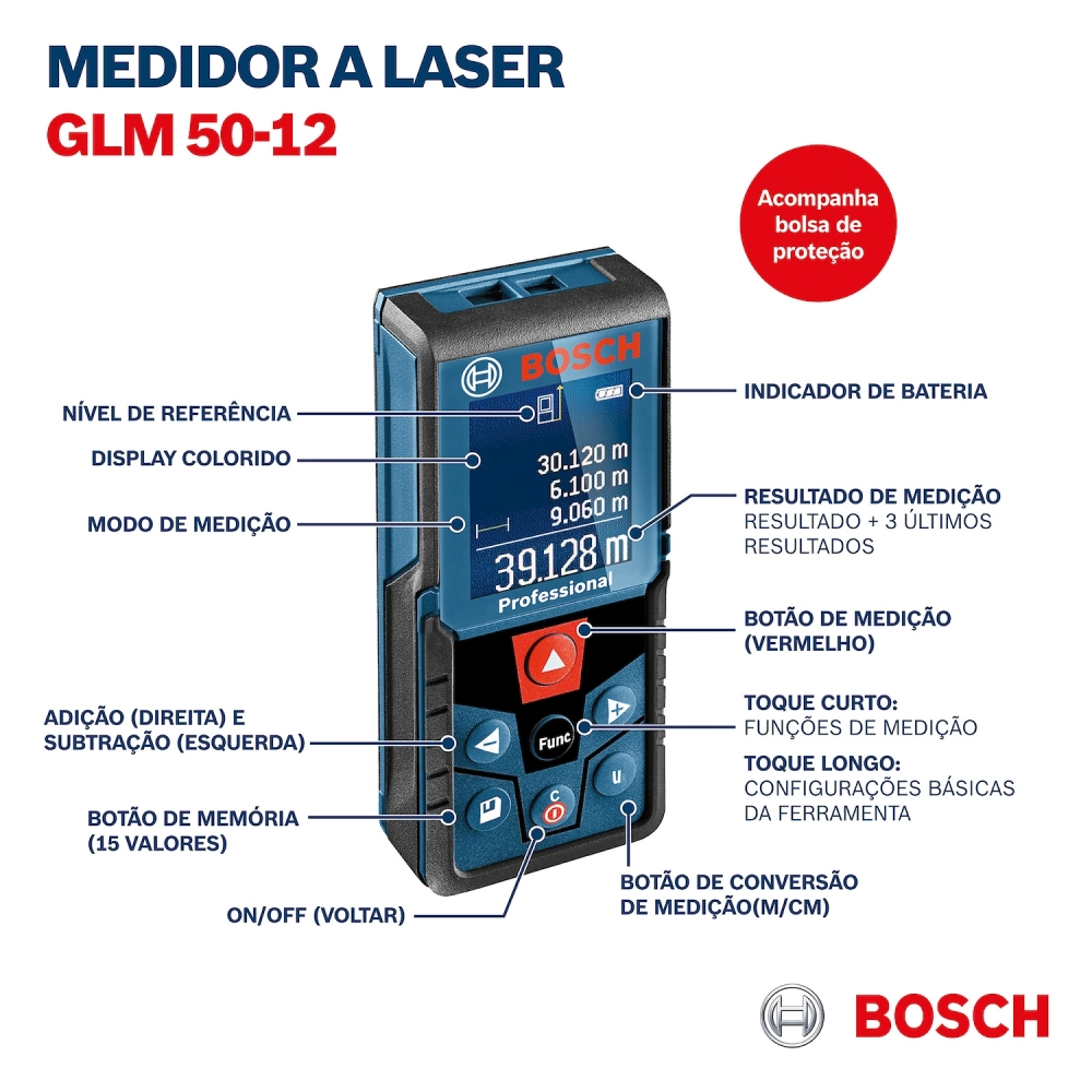 Medidor de Distância e Inclinação Bosch GLM 5012 Laser Vermelho 50m