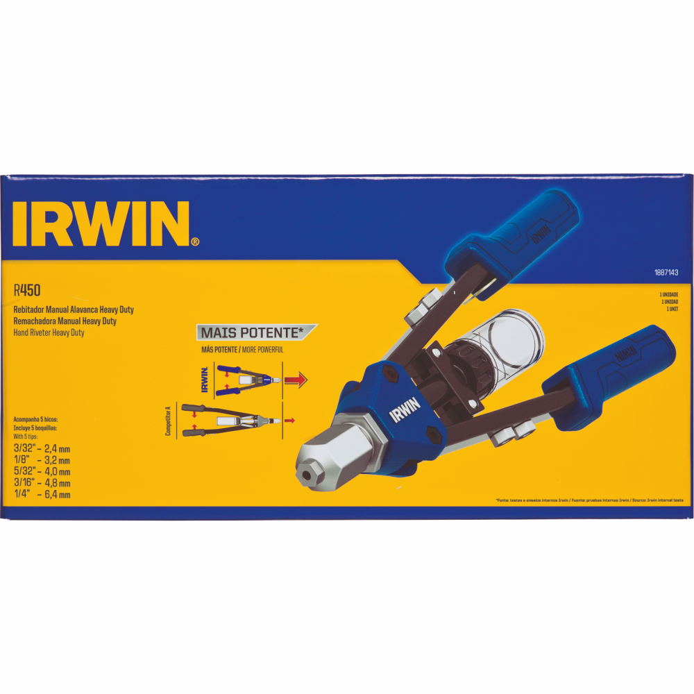 Rebitador Manual Tipo Alavanca Irwin R450 1887143 Para Rebites de 2,4 a 6,4mm