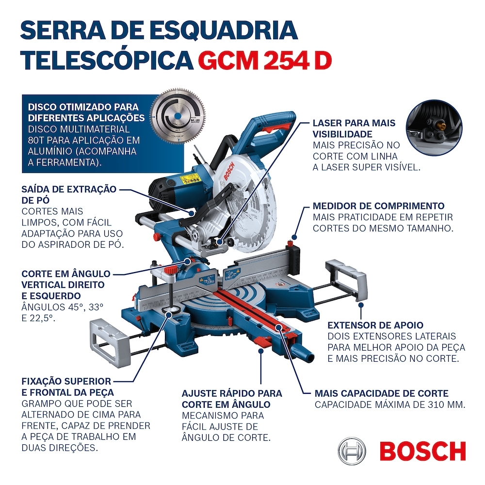 Serra Esquadria Telescópica Bosch GCM 254 D 10" 1800W 220V